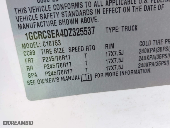 2013 Chevrolet Silverado 1500 LT with VIN 1GCRCSEA4DZ325537, listed as a IAAI auction lot 41405635 with 182,285 mi miles. Bid and sale history available at carsss.com. Image 9.