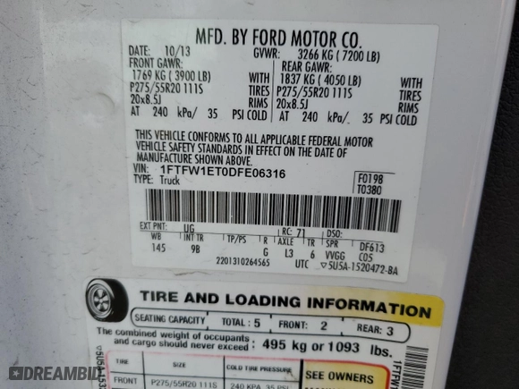 2013 Ford F-150 XL with VIN 1FTFW1ET0DFE06316, listed as a Copart auction lot 50223305 with 167,263 mi miles and Salvage Title. Bid and sale history available at carsss.com. Image 12.