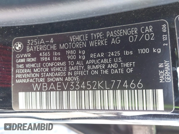 2002 BMW 3 Series 325i z VIN WBAEV33452KL77466, wystawiony jako IAAI lot #42224224 z przebiegiem 115 077 mil mil oraz . Historia ofert i sprzedaży dostępna na DreamBid. Obrazek 9.
