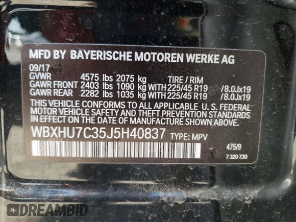 2018 BMW X1 sDrive28i with VIN WBXHU7C35J5H40837, listed as a Copart auction lot 52343122 with 61,458 mi miles. Bid and sale history available at carsss.com. Image 10.