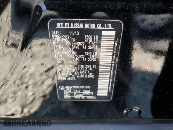 2014 Infiniti QX80 with VIN JN8AZ2NC8E9351805, listed as a Copart auction lot 51715735 with 130,943 mi miles and Salvage Title. Bid and sale history available at carsss.com. Image 14.