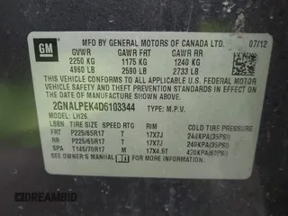 2013 Chevrolet Equinox LT z VIN 2GNALPEK4D6103344, wystawiony jako IAAI lot #41525425 z przebiegiem 145 551 mil mil oraz . Historia ofert i sprzedaży dostępna na DreamBid. Obrazek 9.