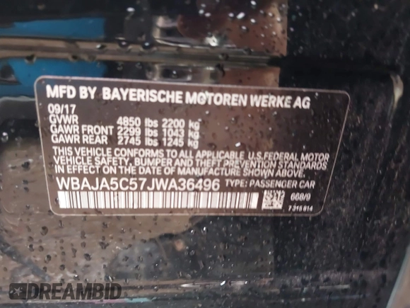 2018 BMW 5 Series 530i with VIN WBAJA5C57JWA36496, listed as a IAAI auction lot 40829441 with 170,051 mi miles and . Bid and sale history available at DreamBid. Image 9.