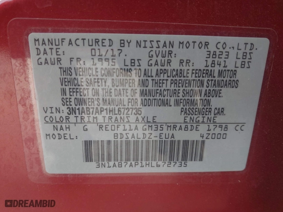 2017 Nissan Sentra SV with VIN 3N1AB7AP1HL672735, listed as a IAAI auction lot 41808677 with 81,013 mi miles. Bid and sale history available at carsss.com. Image 9.