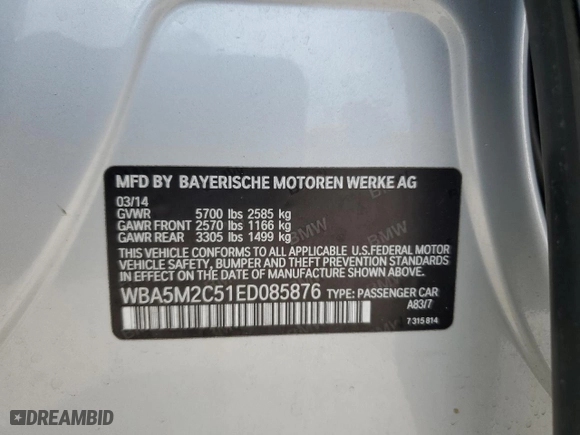 2014 BMW 5 Series Gran Turismo 535i with VIN WBA5M2C51ED085876, listed as a Copart auction lot 60962824 with 150,627 mi miles and Salvage Title. Bid and sale history available at carsss.com. Image 12.