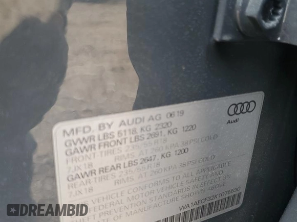 2019 Audi Q3 Premium z VIN WA1AECF32K1075590, wystawiony jako Copart lot #52745635 z przebiegiem 69 256 mil mil oraz Szkoda całkowita • Salvage title. Historia ofert i sprzedaży dostępna na DreamBid. Obrazek 15.