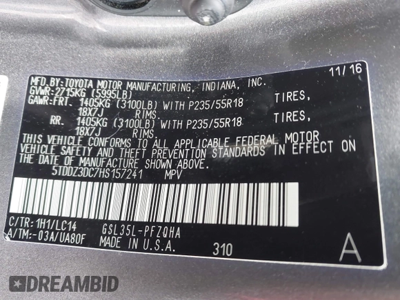 2017 Toyota Sienna XLE with VIN 5TDDZ3DC7HS157241, listed as a IAAI auction lot 41530337 with 87,448 mi miles and . Bid and sale history available at DreamBid. Image 9.