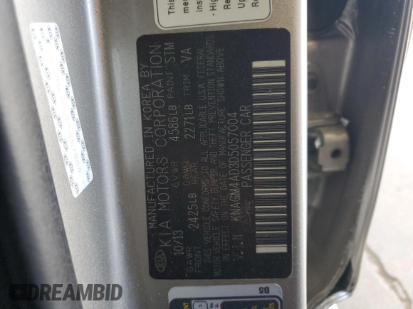 2013 Kia Optima EX z VIN KNAGM4AD3D5057004, wystawiony jako Copart lot #56042015 z przebiegiem 129 626 mil mil oraz Szkoda całkowita • Salvage title. Historia ofert i sprzedaży dostępna na DreamBid. Obrazek 12.