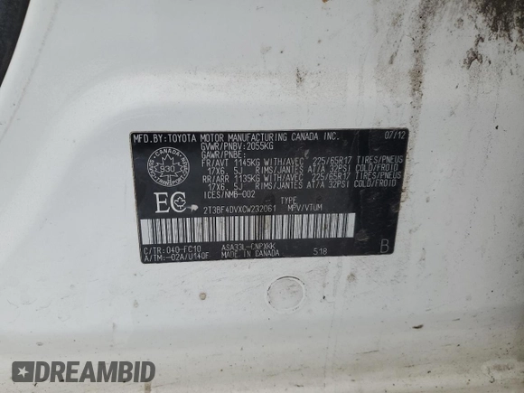 2012 Toyota RAV4 with VIN 2T3BF4DVXCW232061, listed as a Copart auction lot 87946405 with 0 mi miles and Clean Title. Bid and sale history available at carsss.com. Image 14.