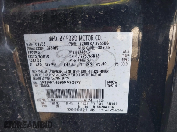 2005 Ford F-150 XLT с VIN 1FTPW14595FA92478, выставлен на аукционе IAAI как лот 42347886 с пробегом 223 151 миль миль и . История ставок и продаж доступна на DreamBid. Изображение 9.