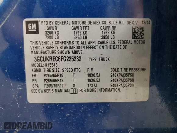 2015 Chevrolet Silverado 1500 LT with VIN 3GCUKREC6FG235333, listed as a Copart auction lot 48723705 with 168,574 mi miles and Clean Title. Bid and sale history available at carsss.com. Image 12.