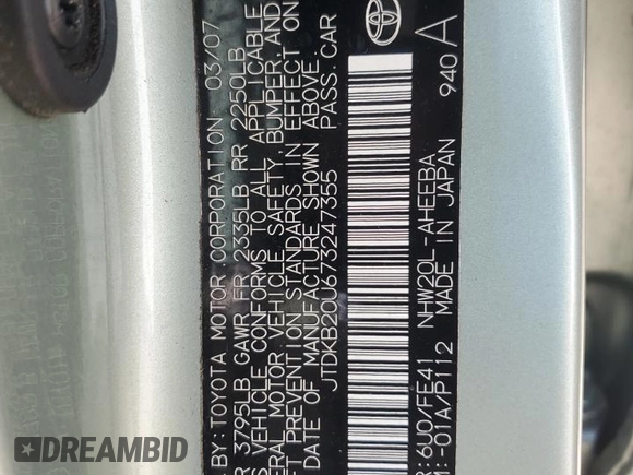 2007 Toyota Prius with VIN JTDKB20U673247355, listed as a Copart auction lot 59958205 with 177,289 mi miles and Salvage title. Bid and sale history available at DreamBid. Image 12.