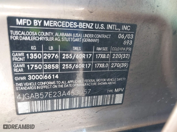 2003 Mercedes-Benz M-Class 3.7L with VIN 4JGAB57E23A453057, listed as a IAAI auction lot 41704721 with 190,649 mi miles. Bid and sale history available at carsss.com. Image 9.