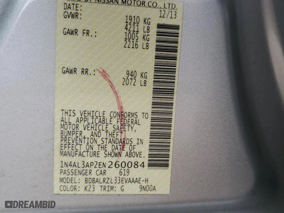 2014 Nissan Altima 2.5 SL with VIN 1N4AL3AP2EN260084, listed as a Copart auction lot 51793465 with 271,423 mi miles and Clean Title. Bid and sale history available at carsss.com. Image 12.
