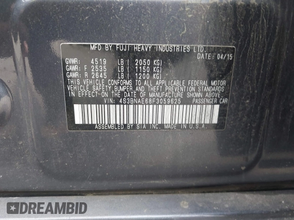 2015 Subaru Legacy Premium with VIN 4S3BNAE68F3059625, listed as a IAAI auction lot 42437287 with 125,400 mi miles and . Bid and sale history available at DreamBid. Image 9.
