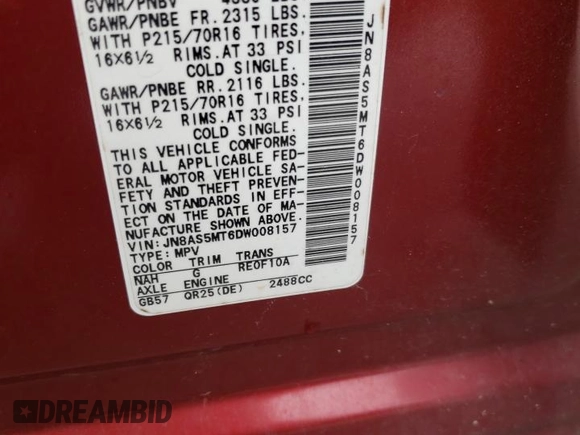 2013 Nissan Rogue S with VIN JN8AS5MT6DW008157, listed as a Copart auction lot 52079355 with 199,578 mi miles and Salvage Title. Bid and sale history available at carsss.com. Image 13.