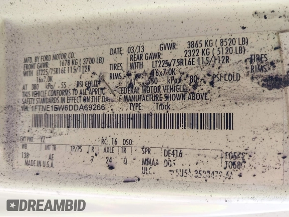 2013 Ford Econoline Cargo Commercial with VIN 1FTNE1EW6DDA69266, listed as a IAAI auction lot 42040253 with Not provided miles and . Bid and sale history available at DreamBid. Image 9.