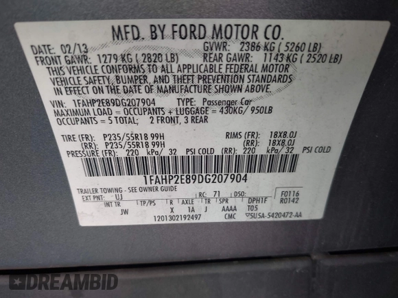 2013 Ford Taurus SEL with VIN 1FAHP2E89DG207904, listed as a IAAI auction lot 42184669 with 147,321 mi miles and . Bid and sale history available at carsss.com. Image 9.