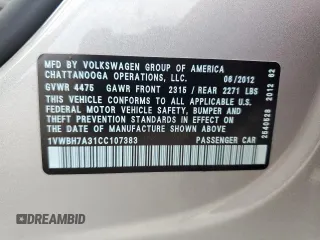 2012 Volkswagen Passat SE с VIN 1VWBH7A31CC107383, выставлен на аукционе Copart как лот 54706945 с пробегом 82 227 миль миль и Списание • Salvage title. История ставок и продаж доступна на DreamBid. Изображение 12.