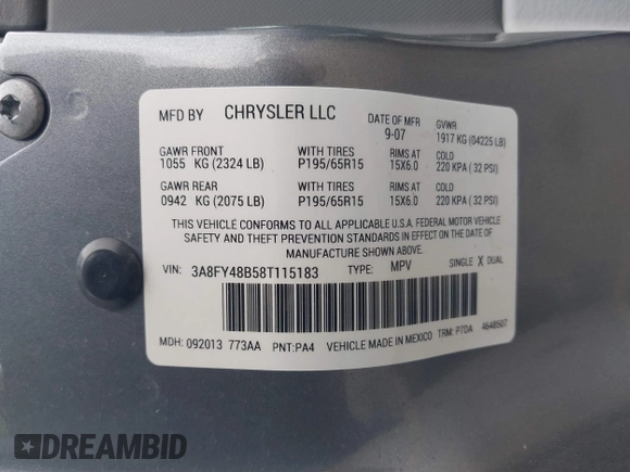 2008 Chrysler PT Cruiser with VIN 3A8FY48B58T115183, listed as a IAAI auction lot 42512222 with 83,588 mi miles and . Bid and sale history available at DreamBid. Image 9.