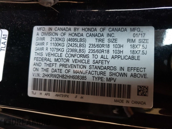 2017 Honda CR-V EX-L with VIN 2HKRW2H82HH608385, listed as a Copart auction lot 47791305 with 83,417 mi miles and Salvage Title. Bid and sale history available at DreamBid. Image 14.