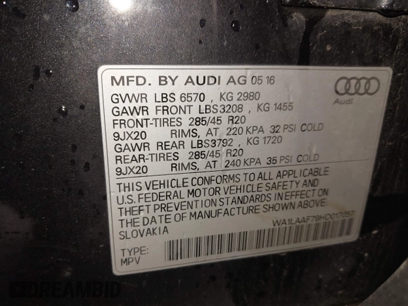2017 Audi Q7 Premium Plus z VIN WA1LAAF79HD017057, wystawiony jako IAAI lot #42291829 z przebiegiem 147 012 mil mil oraz . Historia ofert i sprzedaży dostępna na DreamBid. Obrazek 9.