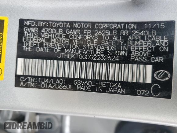 2016 Lexus ES 330 with VIN JTHBK1GG0G2232624, listed as a Copart auction lot 55597955 with 30,386 mi miles and Salvage title. Bid and sale history available at DreamBid. Image 12.
