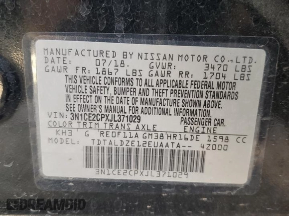 2018 Nissan Note SV with VIN 3N1CE2CPXJL371029, listed as a Copart auction lot 72412964 with 71,282 mi miles and Salvage Title. Bid and sale history available at DreamBid. Image 15.