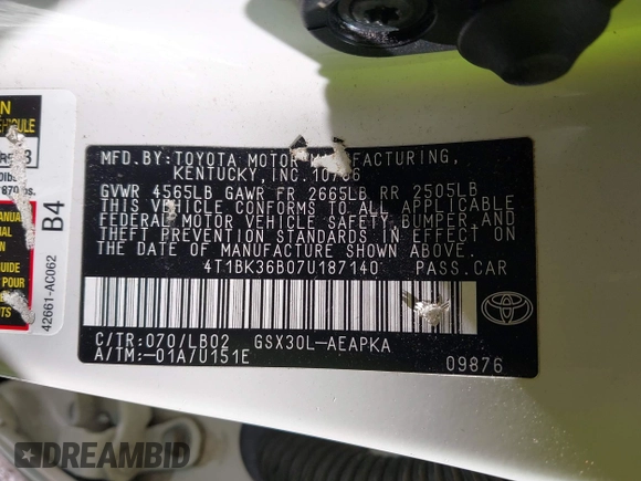 2007 Toyota Avalon XL z VIN 4T1BK36B07U187140, wystawiony jako IAAI lot #42333928 z przebiegiem 119 924 mil mil oraz . Historia ofert i sprzedaży dostępna na DreamBid. Obrazek 9.