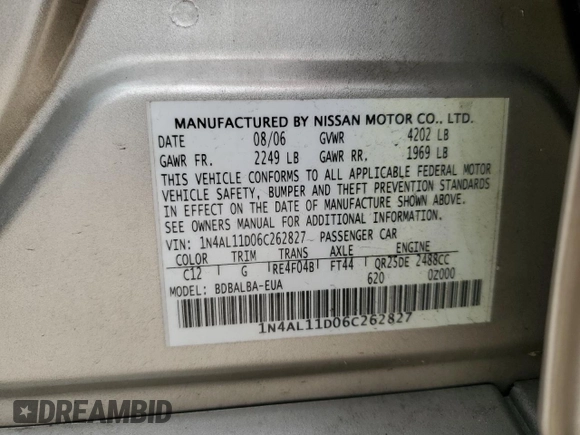 2006 Nissan Altima S с VIN 1N4AL11D06C262827, выставлен на аукционе Copart как лот 52960435 с пробегом 151 457 миль миль и Списание • Salvage title. История ставок и продаж доступна на DreamBid. Изображение 14.