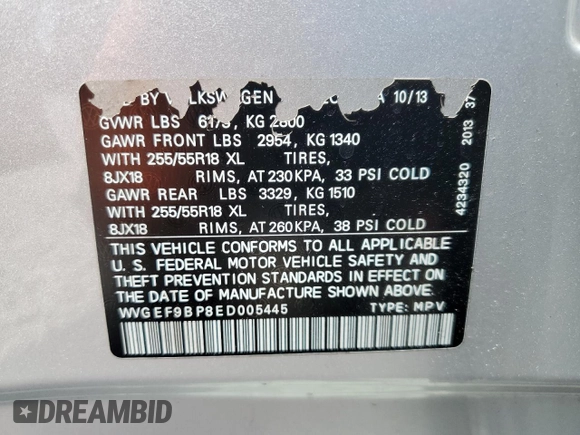 2014 Volkswagen Touareg Sport with VIN WVGEF9BP8ED005445, listed as a Copart auction lot 53694215 with 194,711 mi miles and Salvage Title. Bid and sale history available at DreamBid. Image 13.
