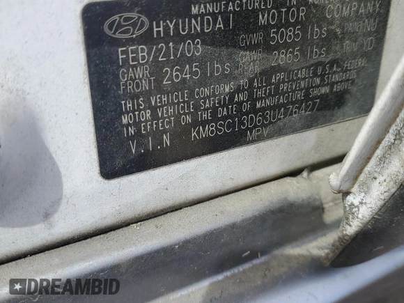 2003 Hyundai Santa Fe GLS with VIN KM8SC13D63U476427, listed as a Copart auction lot 46051555 with 174,337 mi miles and Salvage Title. Bid and sale history available at carsss.com. Image 15.