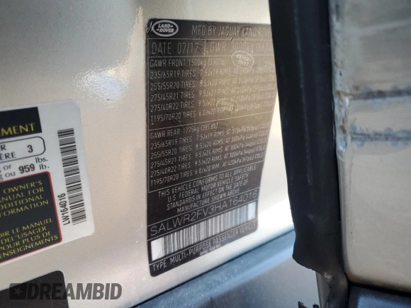 2017 Land Rover Range Rover Sport HSE with VIN SALWR2FV3HA164016, listed as a Copart auction lot 44345425 with 64,723 mi miles and Salvage Title. Bid and sale history available at carsss.com. Image 14.