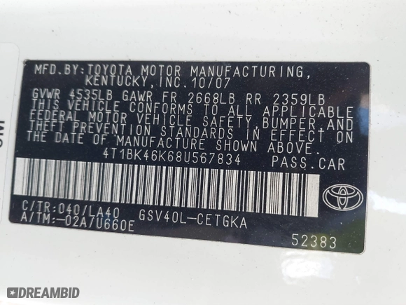 2008 Toyota Camry LE with VIN 4T1BK46K68U567834, listed as a IAAI auction lot 41704766 with 181,304 mi miles. Bid and sale history available at carsss.com. Image 9.