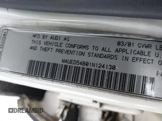 2001 Audi A6 with VIN WAUED54B01N124130, listed as a IAAI auction lot 41574761 with 137,069 mi miles. Bid and sale history available at carsss.com. Image 9.