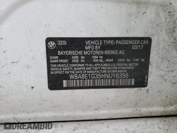 2017 BMW 3 Series 320i with VIN WBA8E1G35HNU16356, listed as a Copart auction lot 44408015 with 153,438 mi miles and Salvage Title. Bid and sale history available at carsss.com. Image 12.