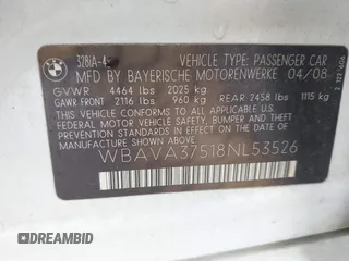 2008 BMW 3 Series 328i with VIN WBAVA37518NL53526, listed as a IAAI auction lot 41956298 with 208,586 mi miles and . Bid and sale history available at DreamBid. Image 9.