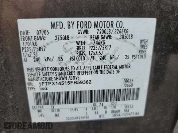 2005 Ford F-150 XLT with VIN 1FTPX14515FB59362, listed as a Copart auction lot 56751995 with 164,390 mi miles and Salvage title. Bid and sale history available at DreamBid. Image 13.