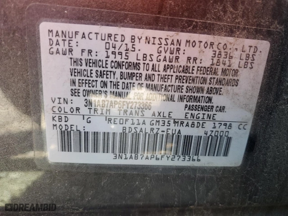 2015 Nissan Sentra S with VIN 3N1AB7AP6FY273366, listed as a Copart auction lot 53477195 with 117,433 mi miles and Salvage Title. Bid and sale history available at carsss.com. Image 12.