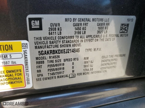 2014 Buick Enclave Leather with VIN 5GAKRBKDXEJ214846, listed as a Copart auction lot 71458344 with 97,744 mi miles and Clean Title. Bid and sale history available at carsss.com. Image 13.