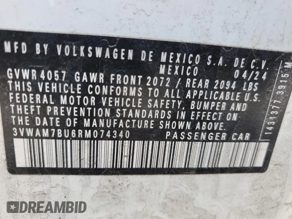 2024 Volkswagen Jetta Sport with VIN 3VWAM7BU6RM074340, listed as a Copart auction lot 45188935 with 21,061 mi miles and Salvage title. Bid and sale history available at DreamBid. Image 13.