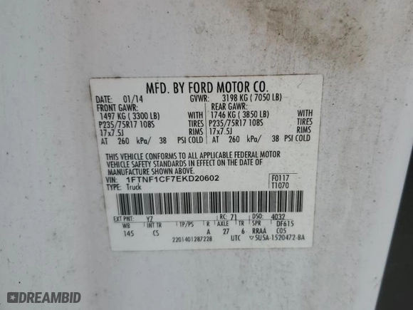 2014 Ford F-150 XL with VIN 1FTNF1CF7EKD20602, listed as a Copart auction lot 47399455 with 247,880 mi miles and Clean Title. Bid and sale history available at carsss.com. Image 12.