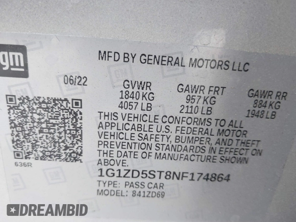 2022 Chevrolet Malibu LT with VIN 1G1ZD5ST8NF174864, listed as a IAAI auction lot 42049911 with 90,571 mi miles and . Bid and sale history available at DreamBid. Image 9.