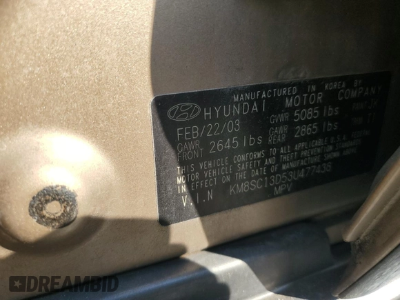 2003 Hyundai Santa Fe GLS with VIN KM8SC13D53U477438, listed as a Copart auction lot 44195145 with 167,437 mi miles and Clean Title. Bid and sale history available at carsss.com. Image 13.