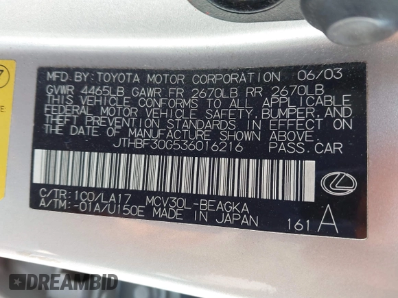 2003 Lexus ES with VIN JTHBF30G536016216, listed as a IAAI auction lot 41888373 with 108,522 mi miles. Bid and sale history available at carsss.com. Image 9.