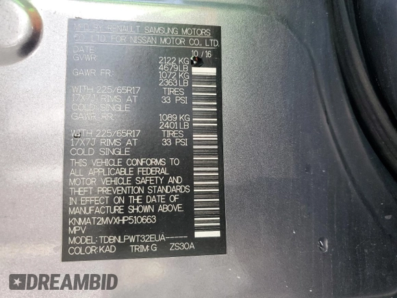 2017 Nissan Rogue S with VIN KNMAT2MVXHP510663, listed as a Copart auction lot 65208325 with 148,639 mi miles and Clean title. Bid and sale history available at DreamBid. Image 12.