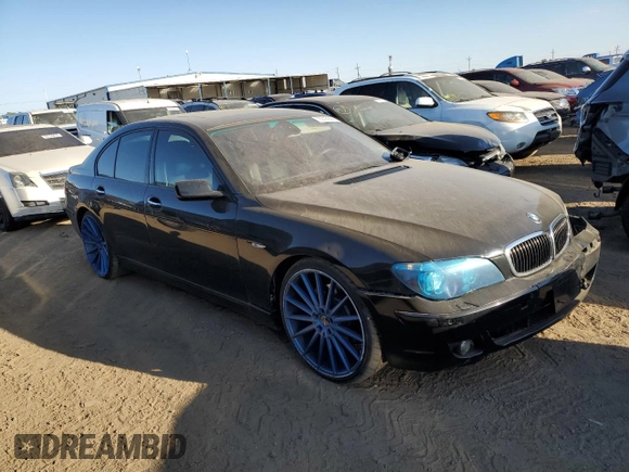 2007 BMW 7 Series 750i with VIN WBAHL83507DT07958, listed as a Copart auction lot 73318944 with 127,698 mi miles and Salvage Title. Bid and sale history available at DreamBid. Image 4.