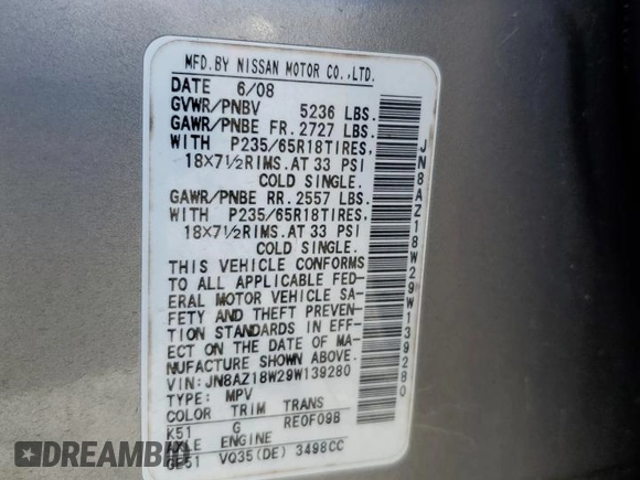 2009 Nissan Murano SL with VIN JN8AZ18W29W139280, listed as a Copart auction lot 53636955 with 142,405 mi miles and Salvage Title. Bid and sale history available at DreamBid. Image 14.