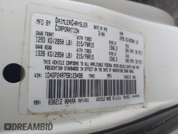 2005 Dodge Caravan SE z VIN 1D4GP24R75B123498, wystawiony jako IAAI lot #42356477 z przebiegiem 232 867 mil mil oraz . Historia ofert i sprzedaży dostępna na DreamBid. Obrazek 9.