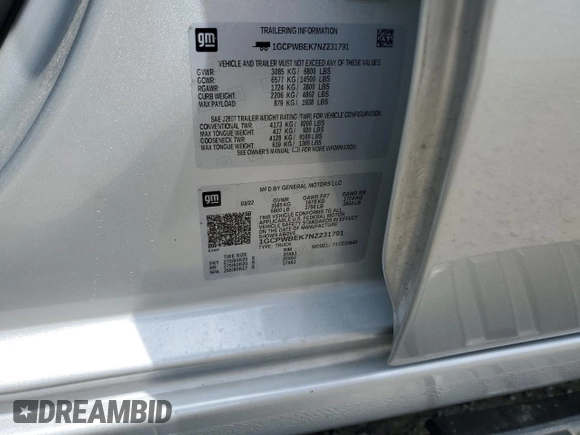 2022 Chevrolet Silverado 1500 Custom with VIN 1GCPWBEK7NZ231791, listed as a Copart auction lot 51404965 with 66,456 mi miles and Salvage Title. Bid and sale history available at DreamBid. Image 12.
